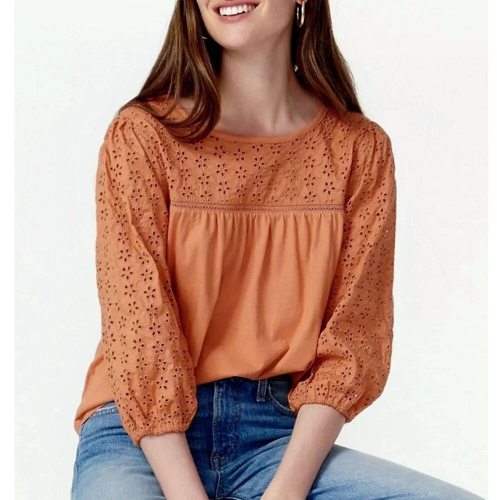 J.Crew Peasant Top Womens L Orange Eyelet Embroidered Cotton Boho Style AS023
